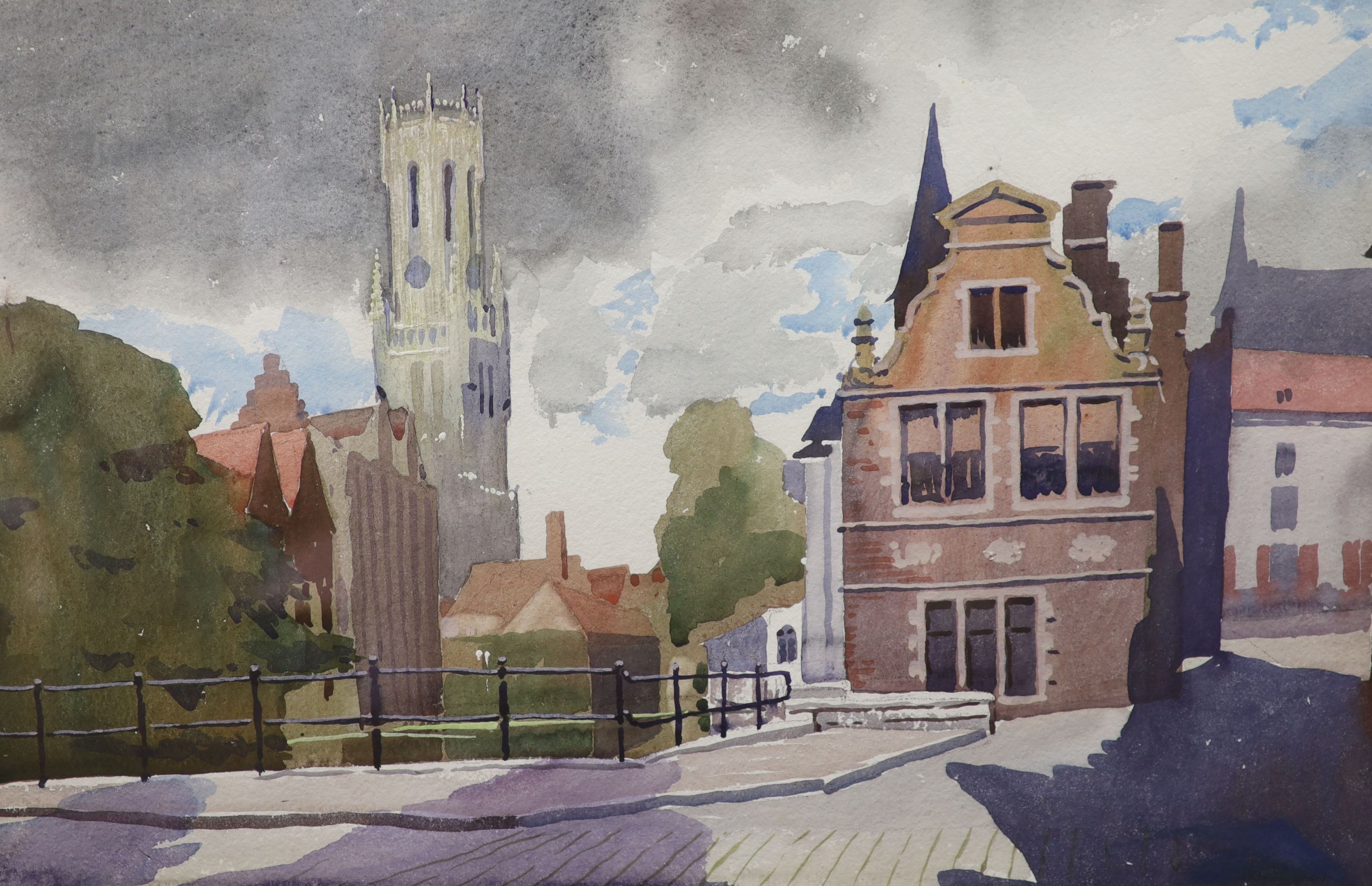 Charles Knight R.W.S; R.O.I (1901-1995), watercolour, ‘’View in Bruges’’, signed, 37 x 54cm.